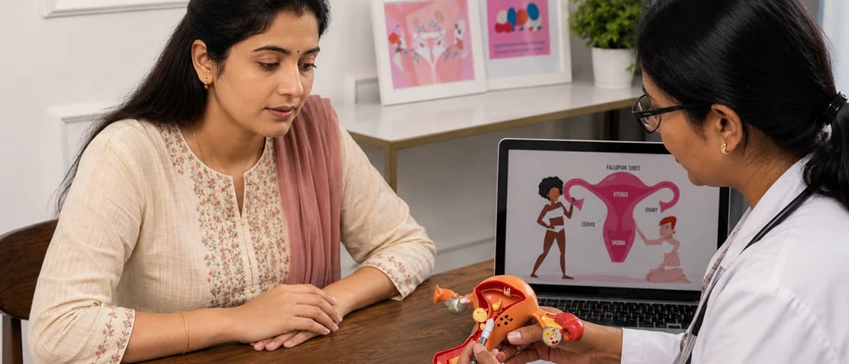 Indian female gynecologist explaining the female reproductive system using an anatomical uterus model during a consultation with an Indian woman in a modern clinic.